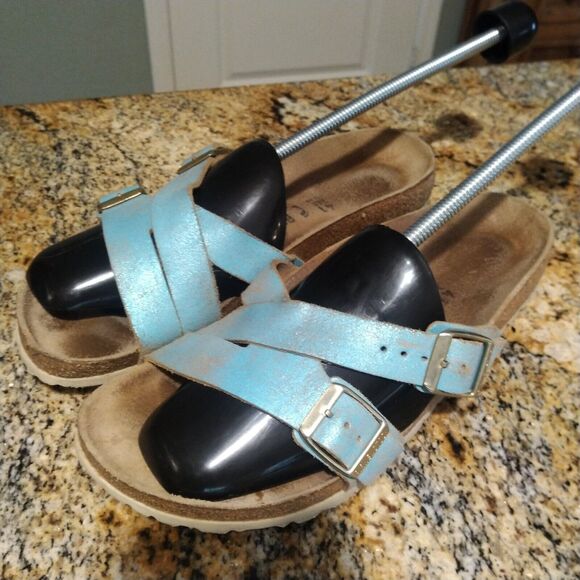 Birkenstock Yao Washed Metallic Aqua Blue Leather Sandals Women's Size 41 US 10 - Picture 1 of 13